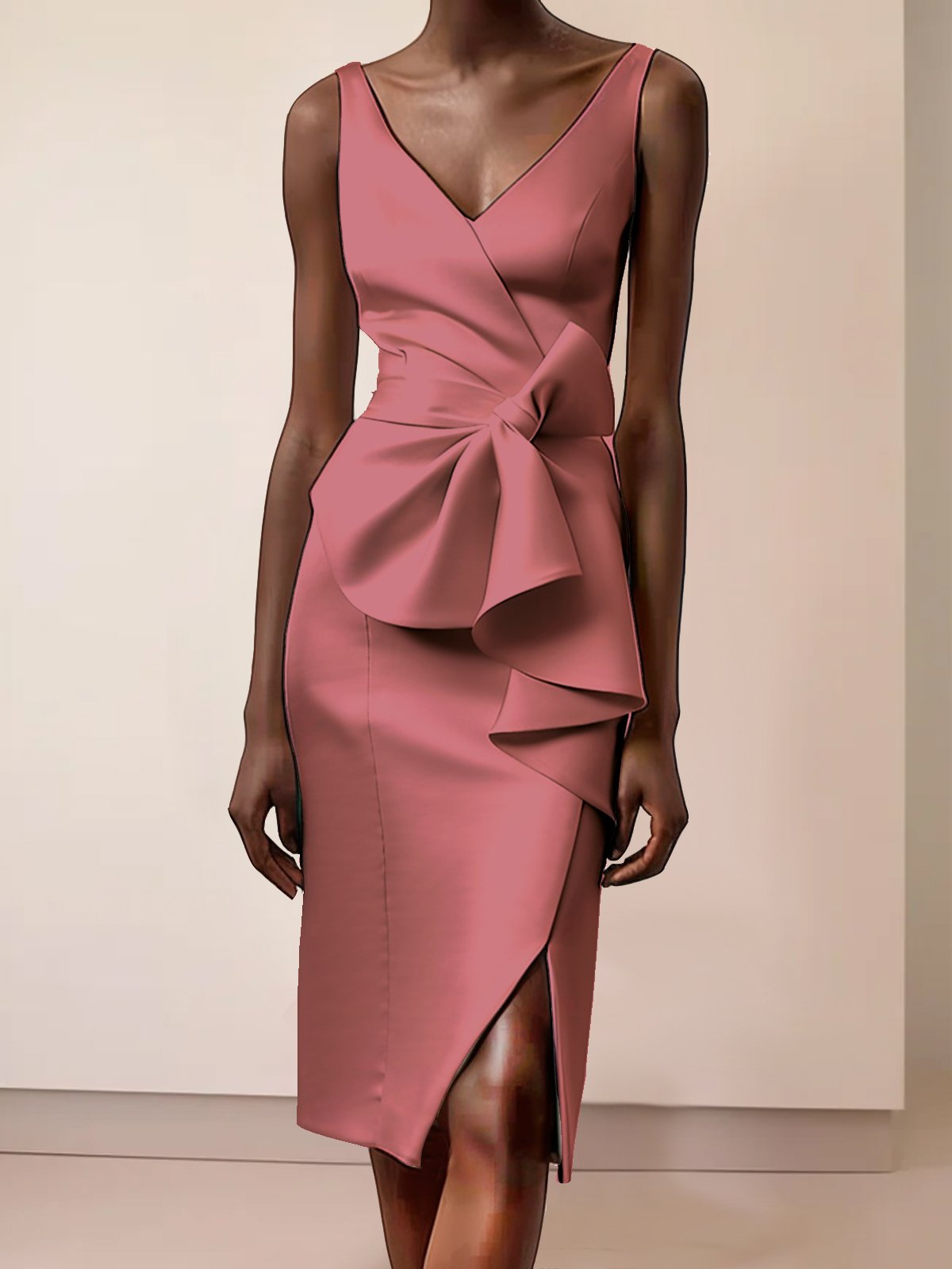 Pink V Neck Ruffled Sleeveless Bow Sheath Midi Dress