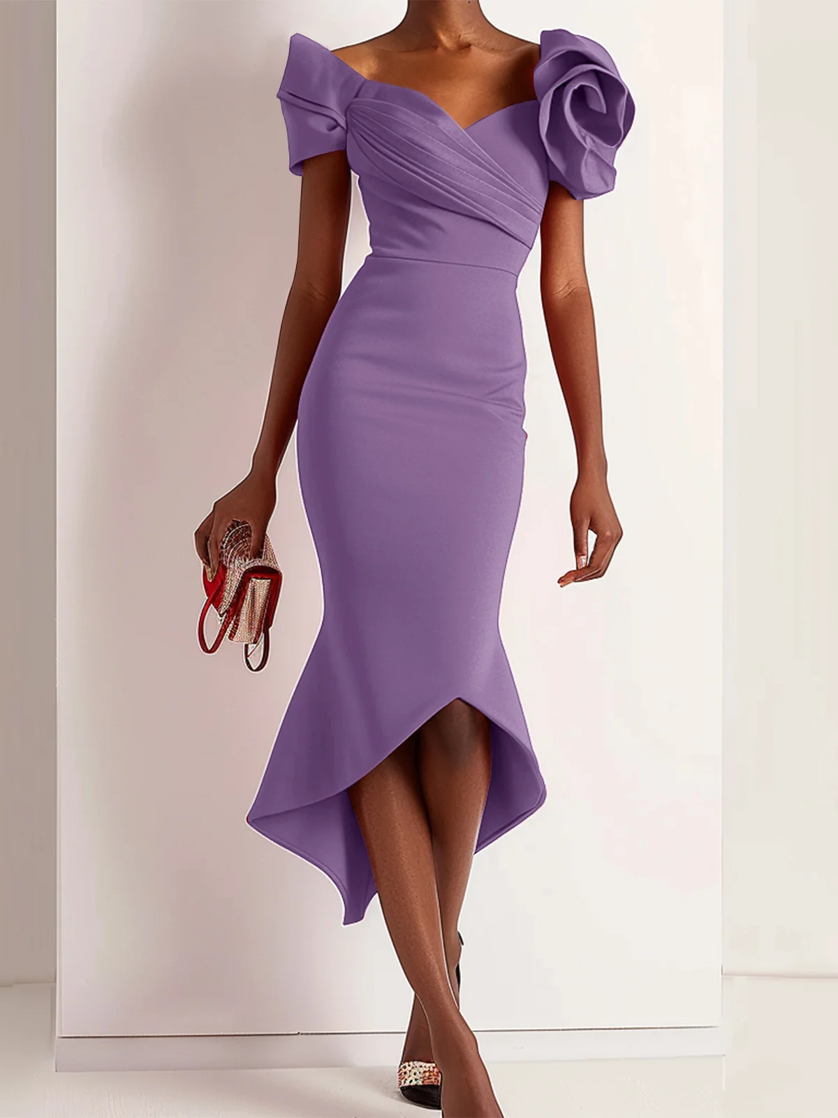 Purple  3D Floral Off The Shoulder Mermaid Midi Dress