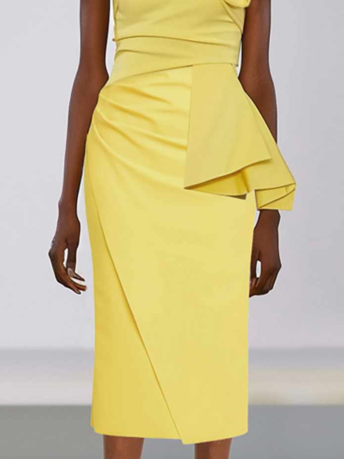 Yellow Bow One Shoulder Sleeveless Sheath Midi Dress