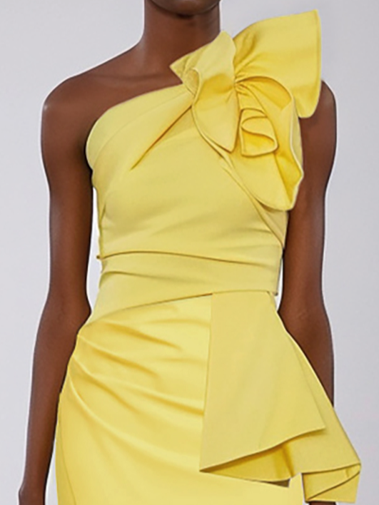 Yellow Bow One Shoulder Sleeveless Sheath Midi Dress