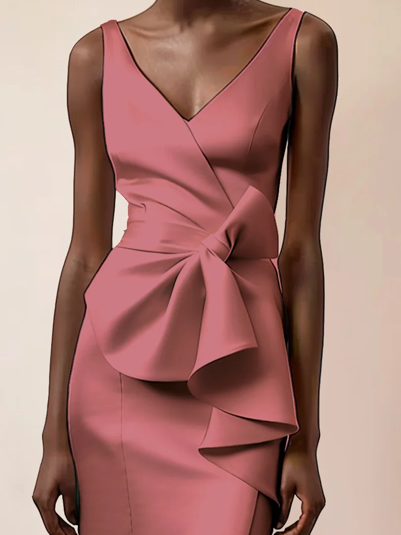 Pink V Neck Ruffled Sleeveless Bow Sheath Midi Dress