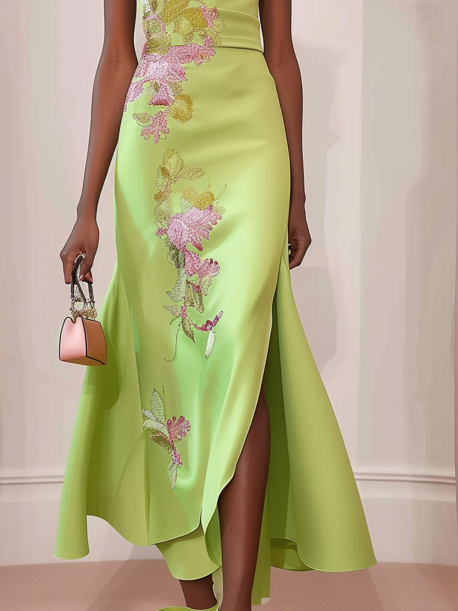 Green Floral Embroideried Cap Sleeve Slit Sheath  Maxi Dress