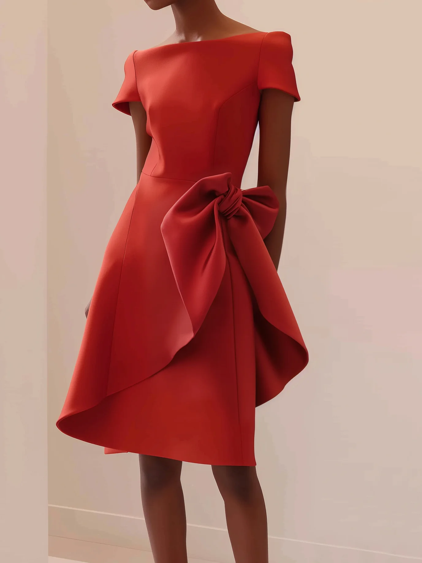 Red Bow Boat Neck Short Sleeve Knee Length Dress