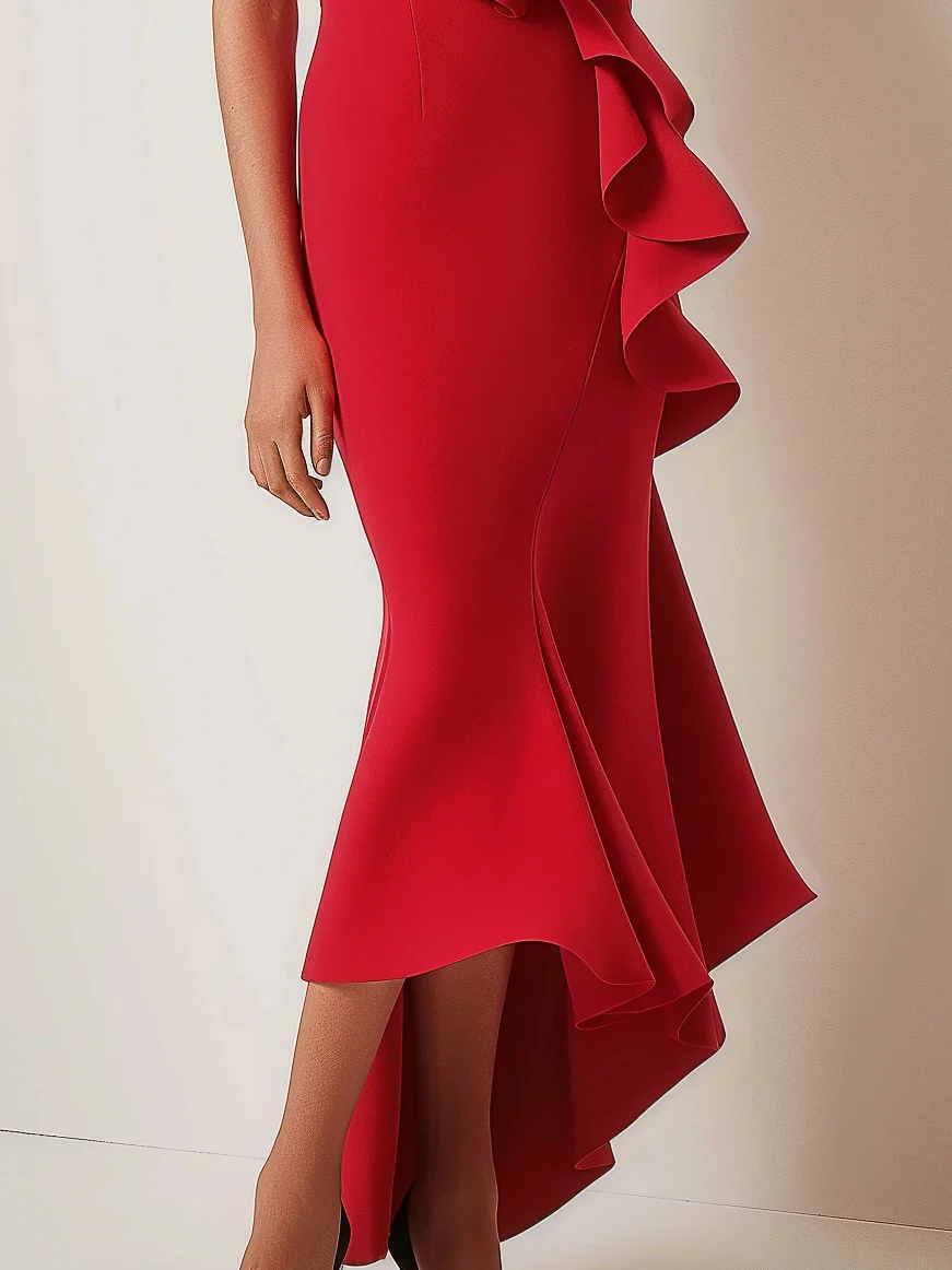 Red Puff Sleeve 3D Floral Midi Flounce Dress