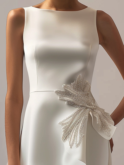 White Sequin Bow Sleeveless A-Line Midi Dress