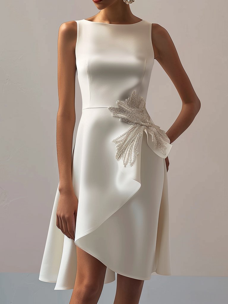 White Sequin Bow Sleeveless A-Line Midi Dress