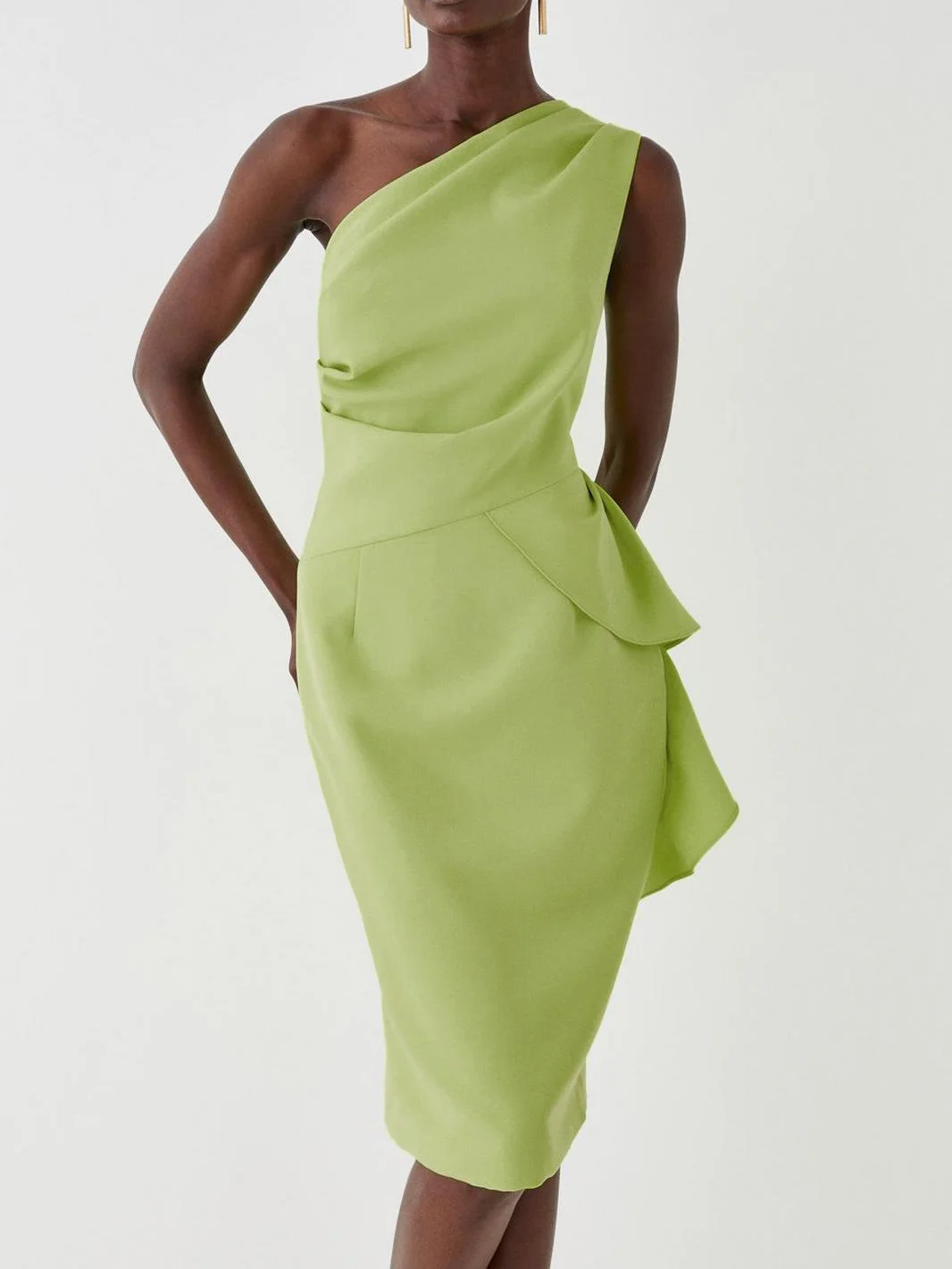 Green Ruched One Shoulder Sleeveless Knee Length Dress