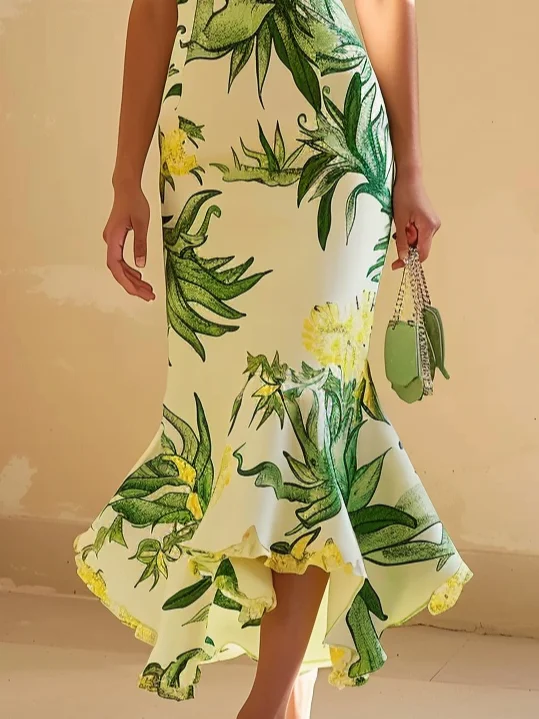 Yellow Floral Spaghetti Mermaid Midi Dress