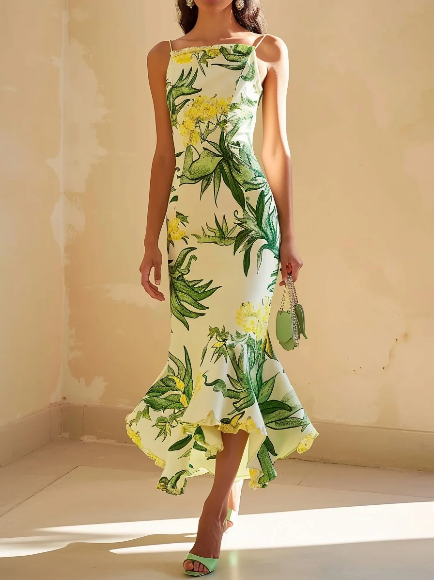 Yellow Floral Spaghetti Mermaid Midi Dress