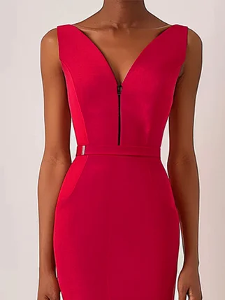 Red Zipper V Neck Sleeveless Slit Mermaid Midi Dress