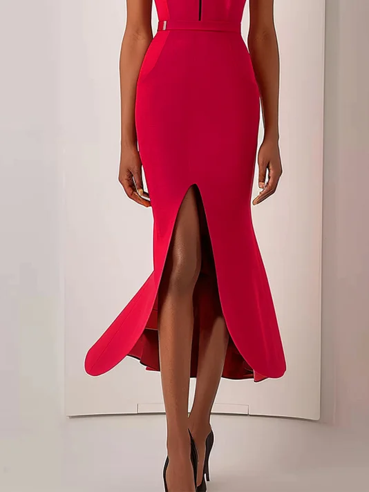 Red Zipper V Neck Sleeveless Slit Mermaid Midi Dress