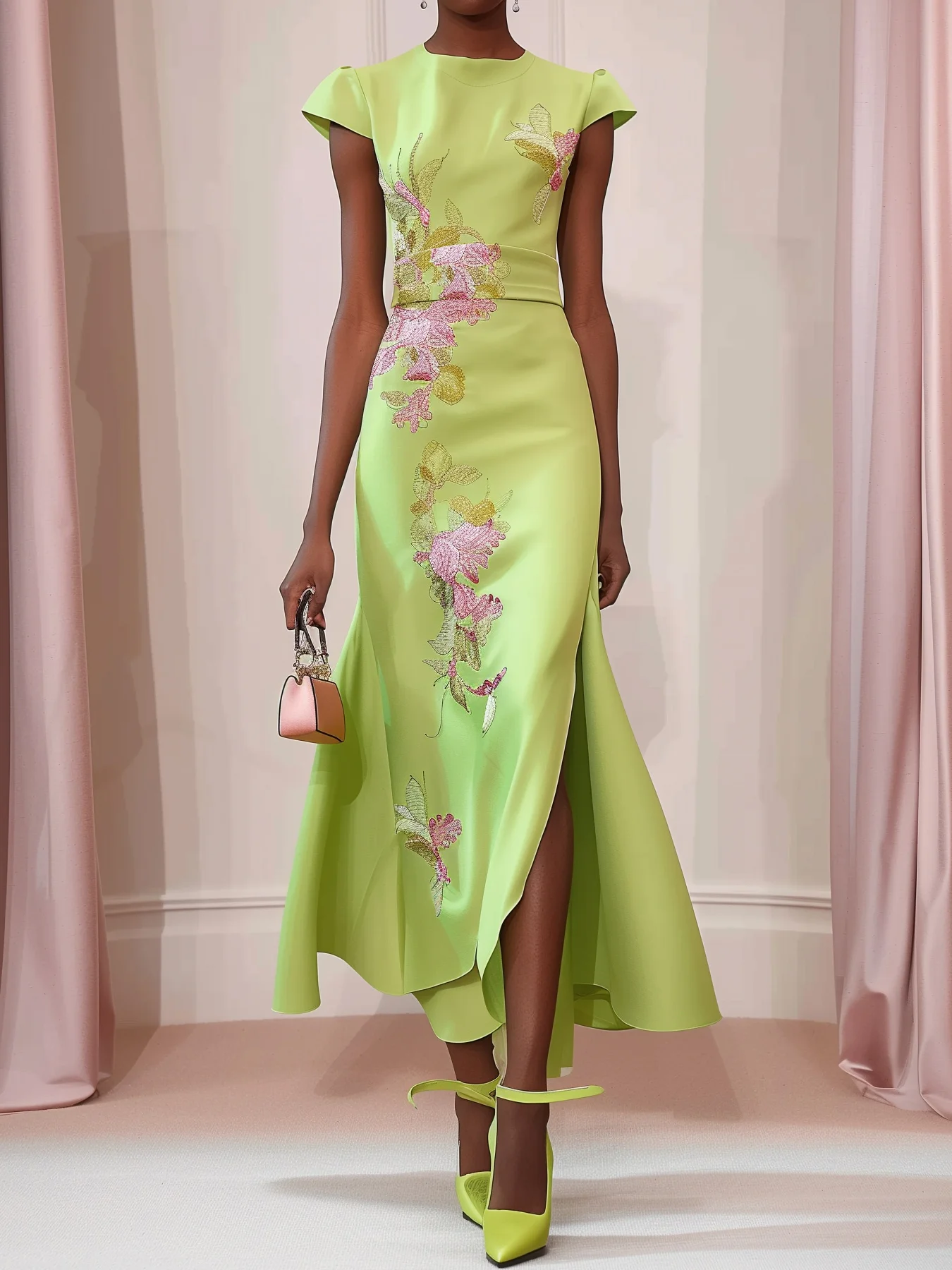 Green Floral Embroideried Cap Sleeve Slit Sheath  Maxi Dress