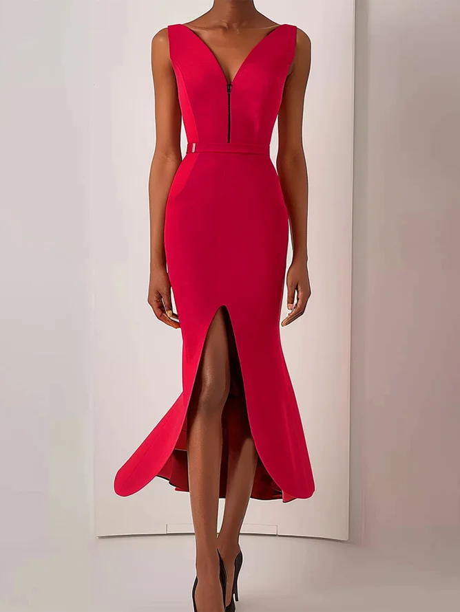 Red Zipper V Neck Sleeveless Slit Mermaid Midi Dress