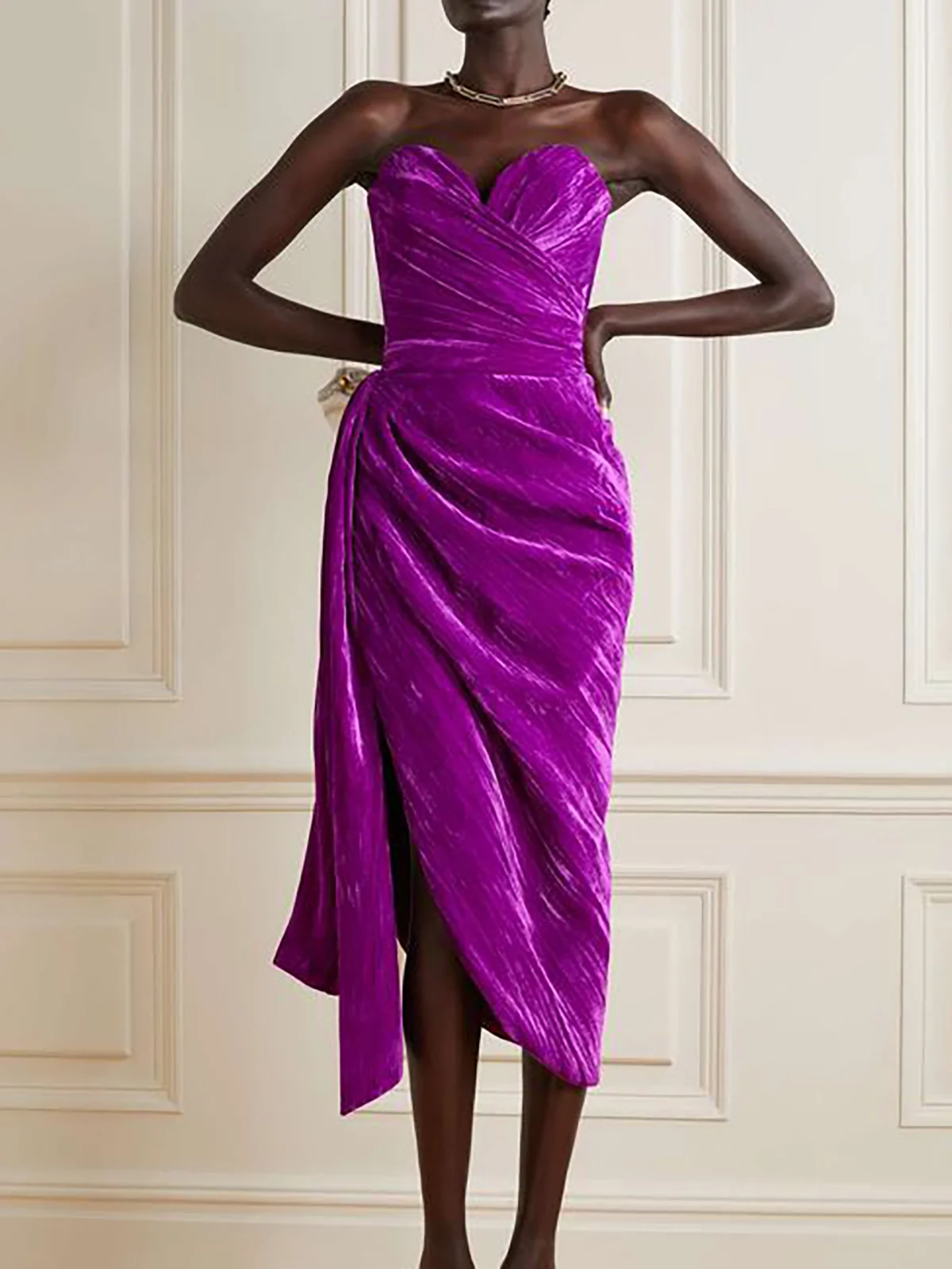 Purple Ruched Strapless Velvet Bustier Sheah Midi Dress