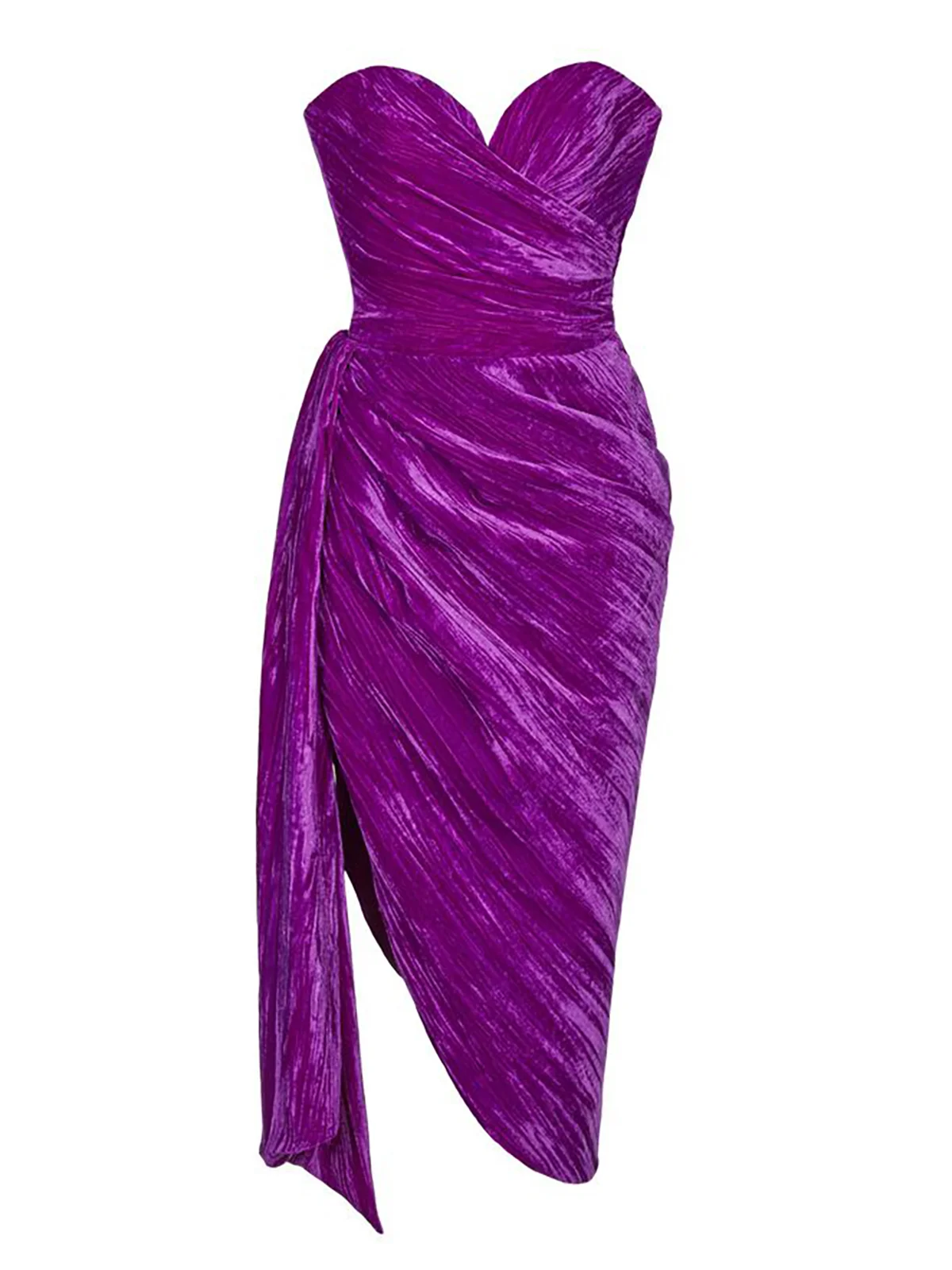 Purple Ruched Strapless Velvet Bustier Sheah A-Line Midi Dress