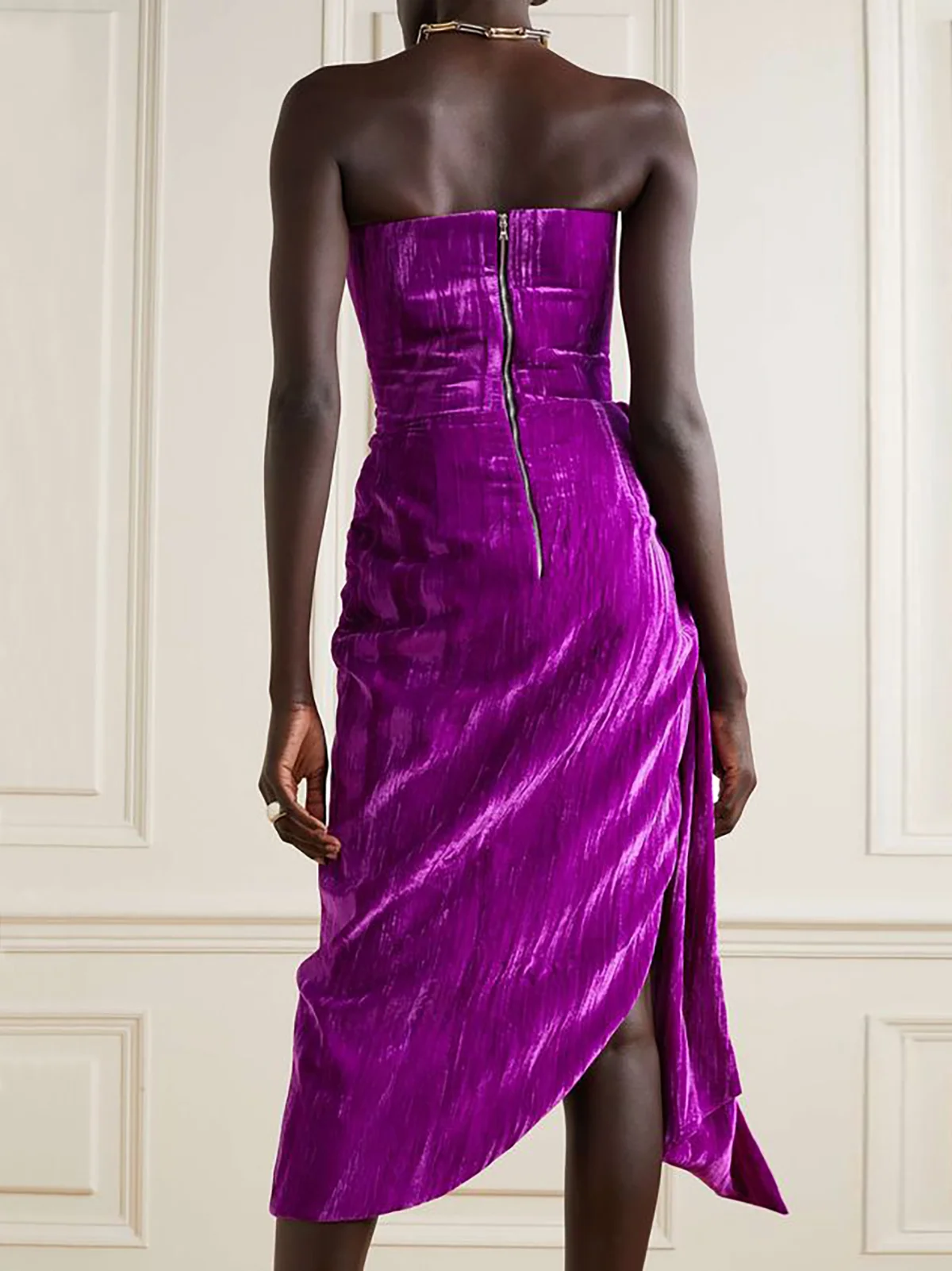 Purple Ruched Strapless Velvet Bustier Sheah A-Line Midi Dress