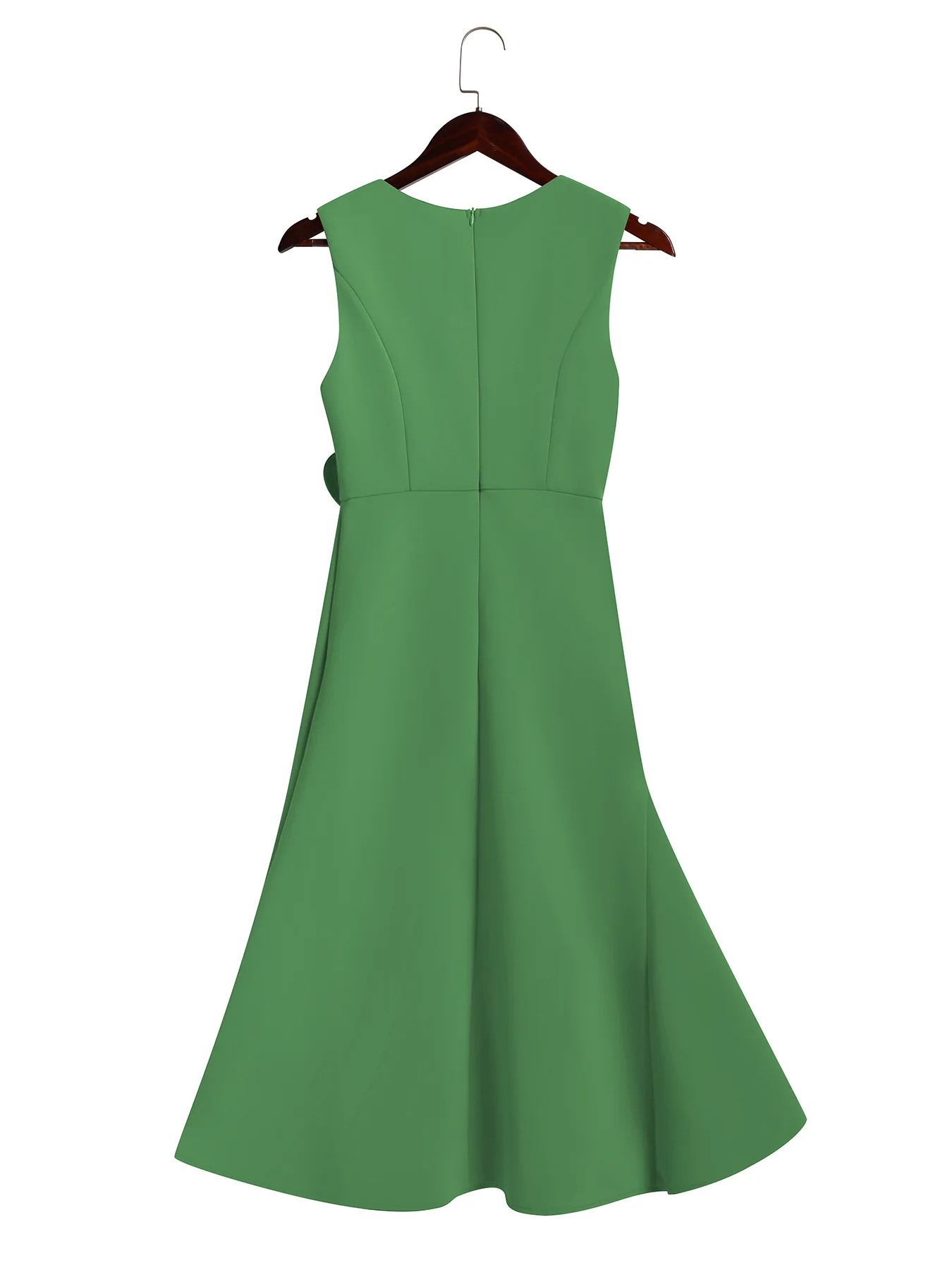 Green Waist Twist Ruffled Sleeveless A-Line Midi Dress