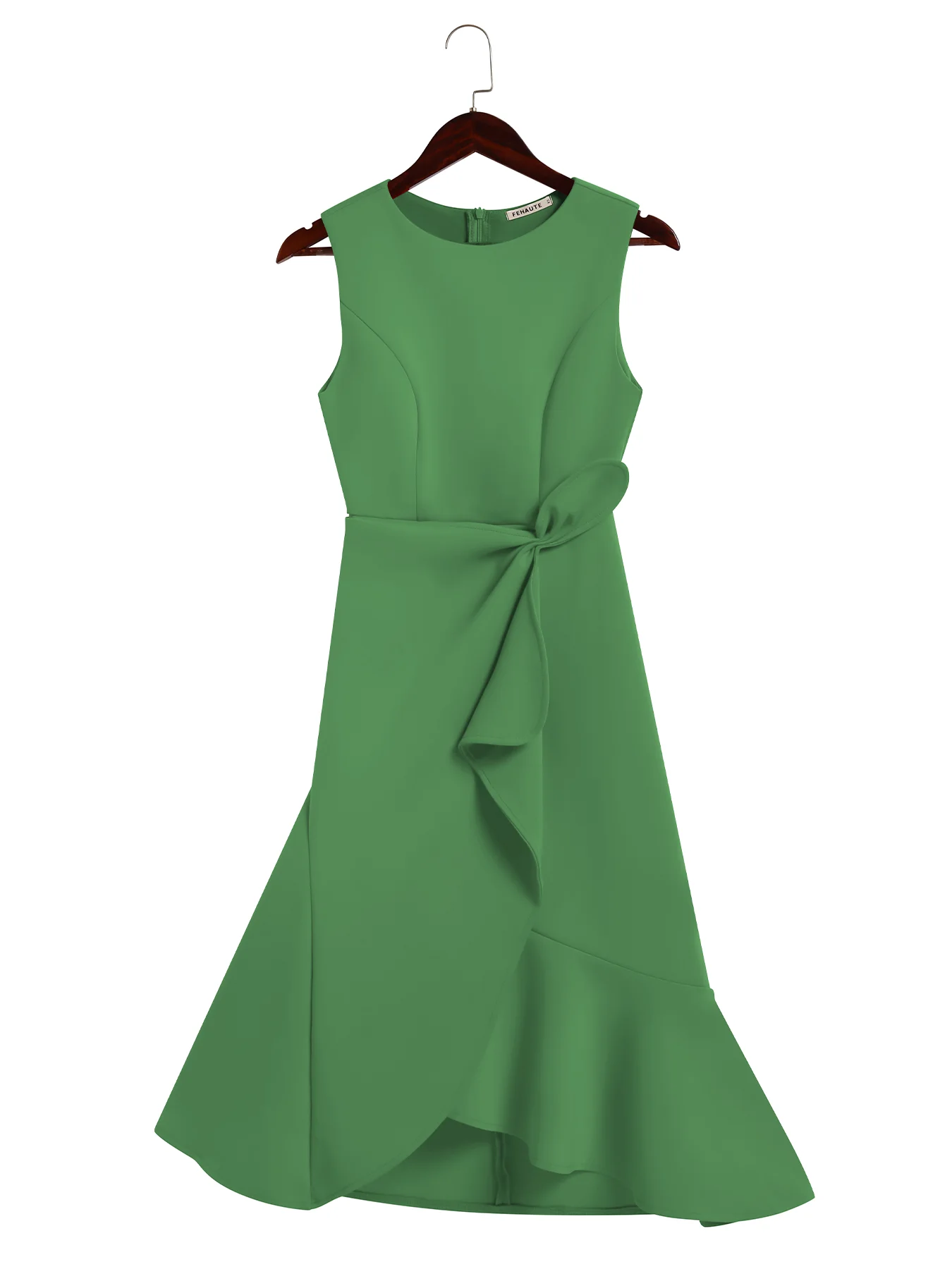 Green Waist Twist Ruffled Sleeveless A-Line Midi Dress