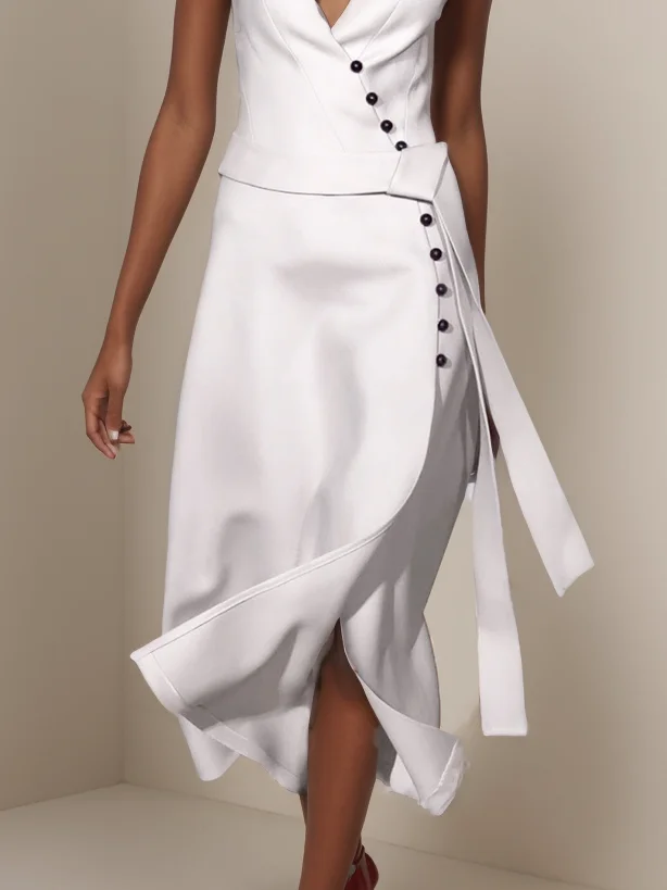 White V Neck Sleeveless Tie Waist A-Line Midi Dress