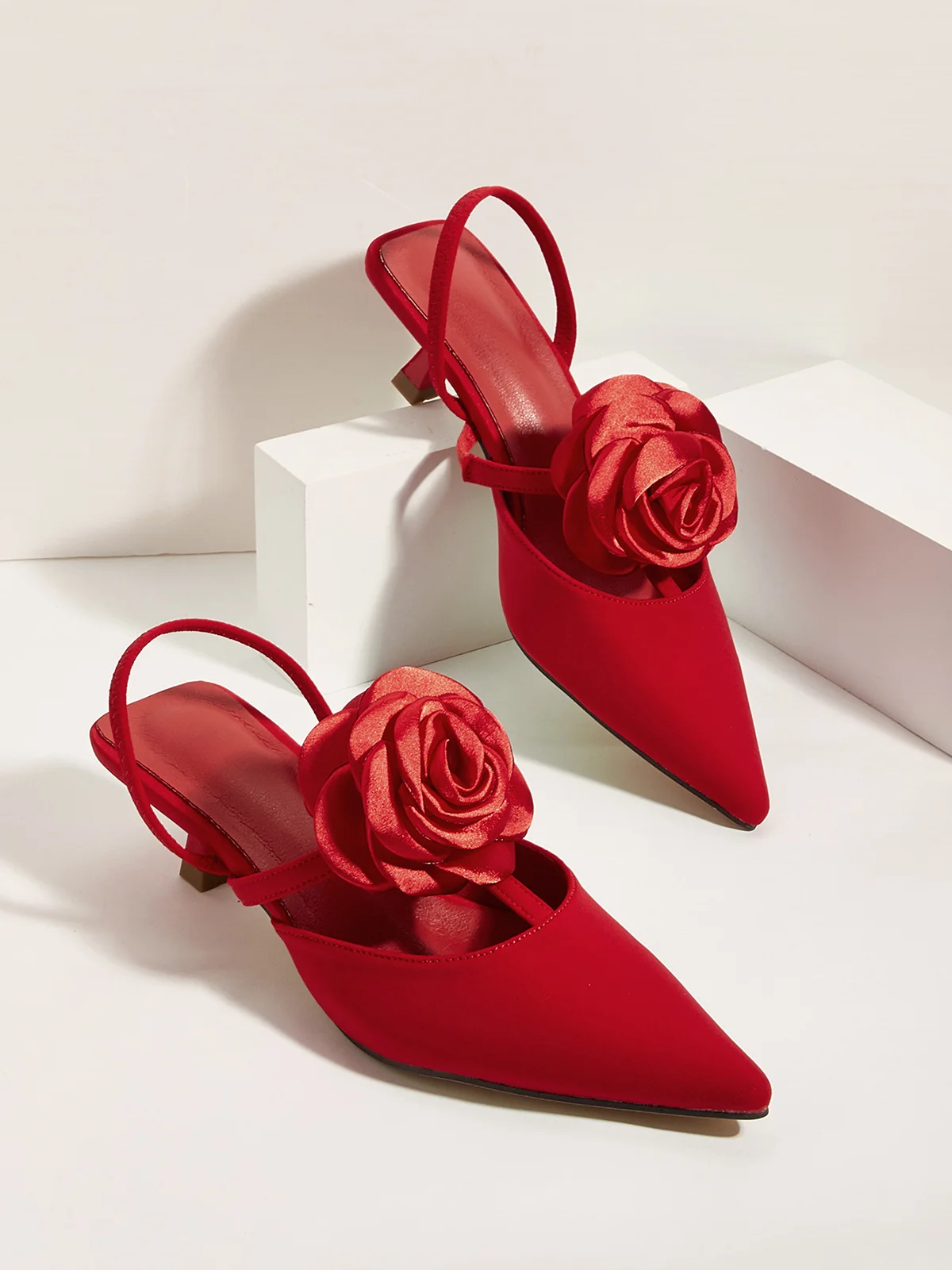 Elegant Rose Satin Kitten Heeled Slingback Pumps