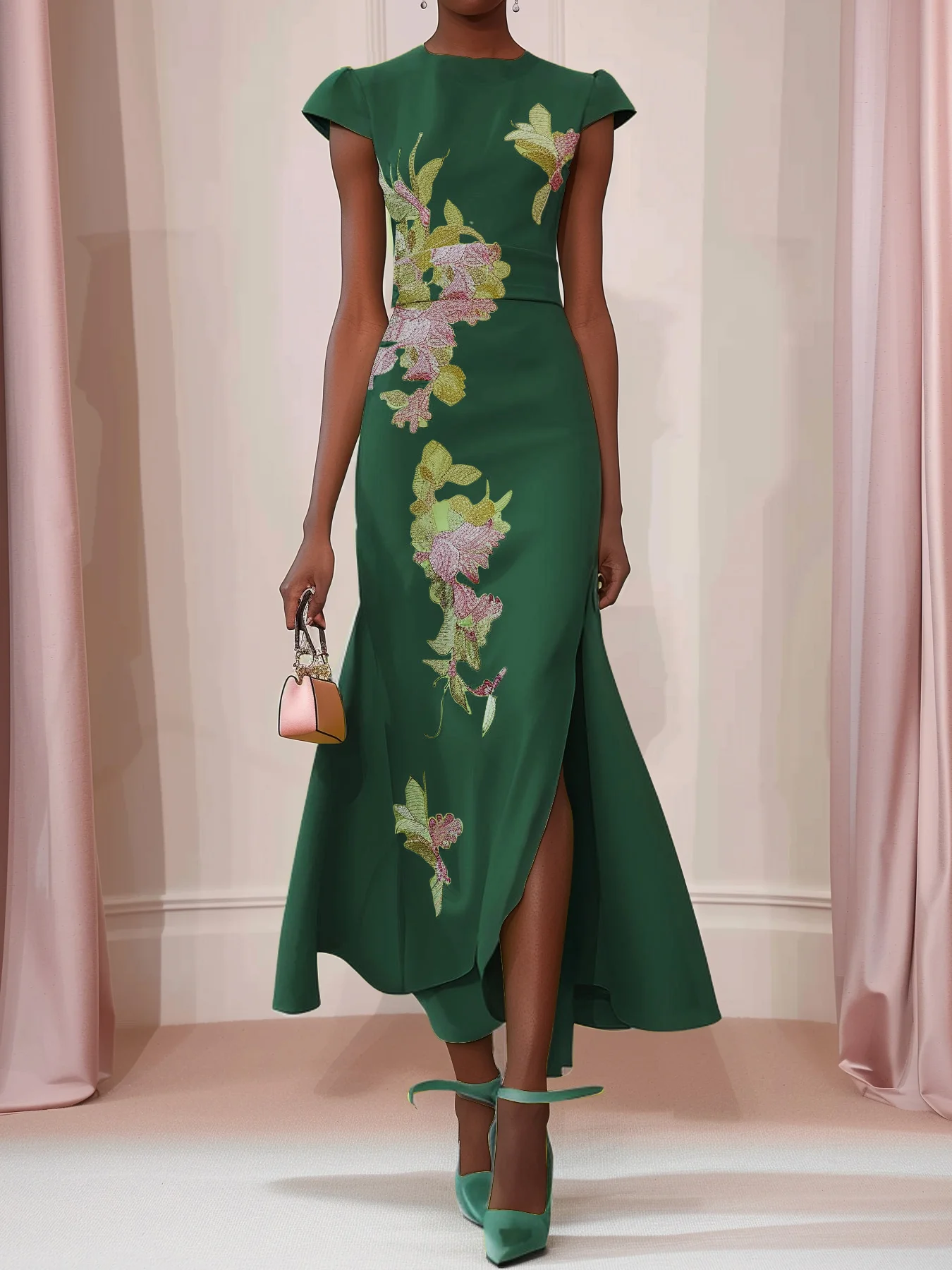 Dark Green Embroidery Crew Neck Cap Sleeve Maxi Dress