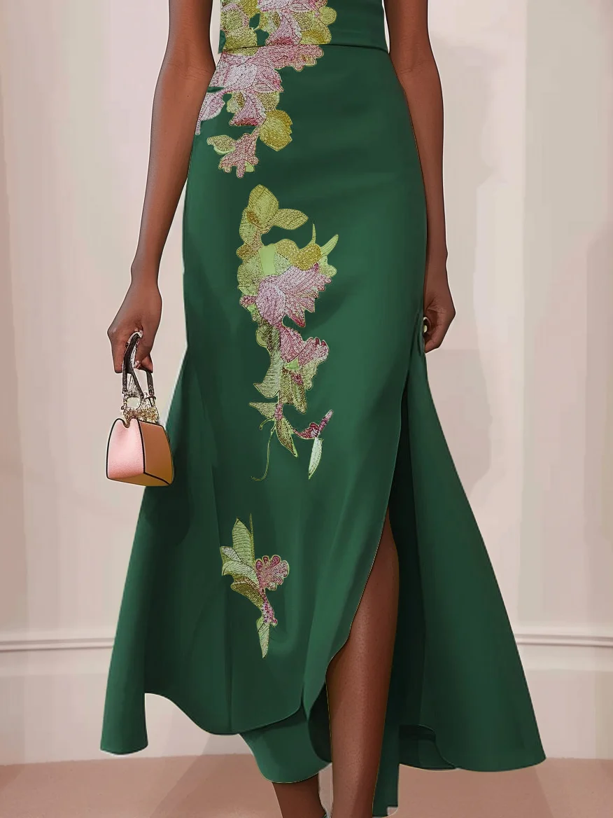 Dark Green Embroidery Crew Neck Cap Sleeve Maxi Dress