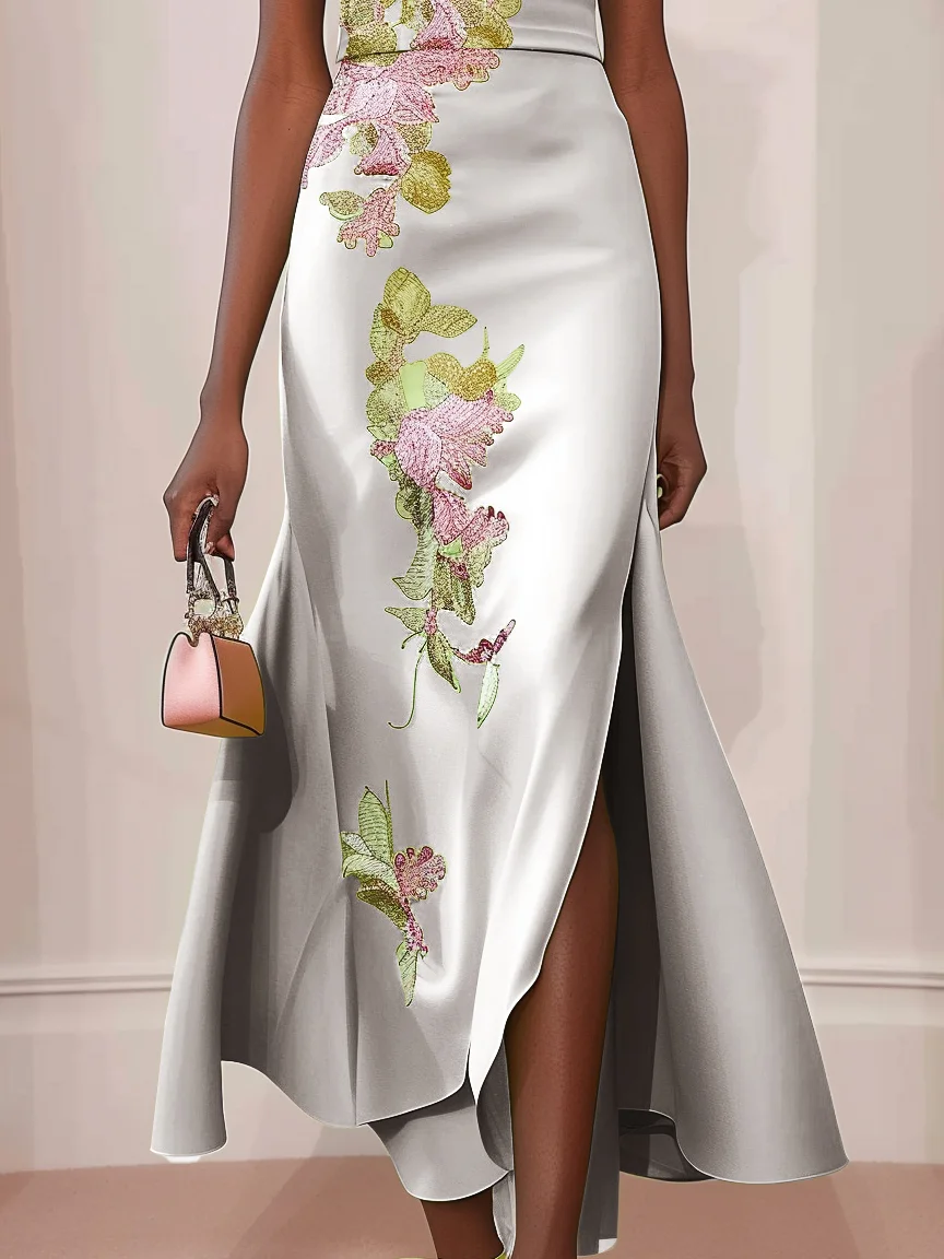 Light Gray Floral Embroideried Cap Sleeve Slit A-Line Maxi Dress