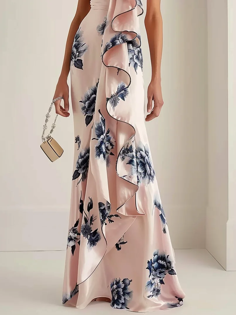 Pink Floral One-Shoulder Ruffled A-Line Maxi Dress