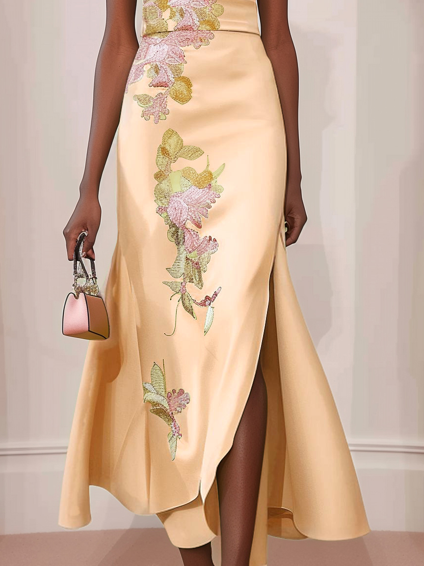 Apricot Floral Embroideried Cap Sleeve Slit A-Line Maxi Dress