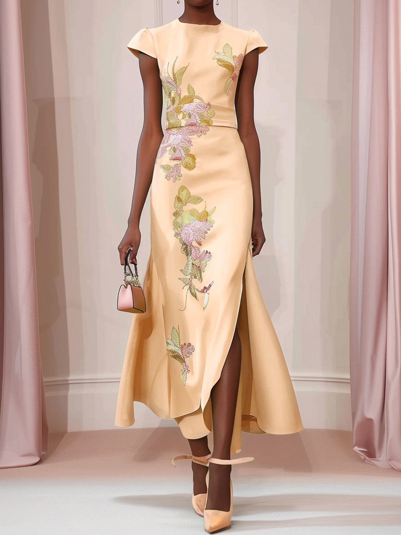 Apricot Floral Embroideried Cap Sleeve Slit A-Line Maxi Dress