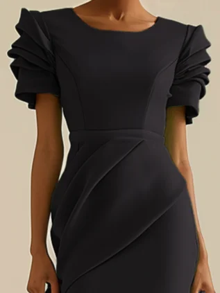 Black Short Sleeve Midi Ruched Sheath Dress