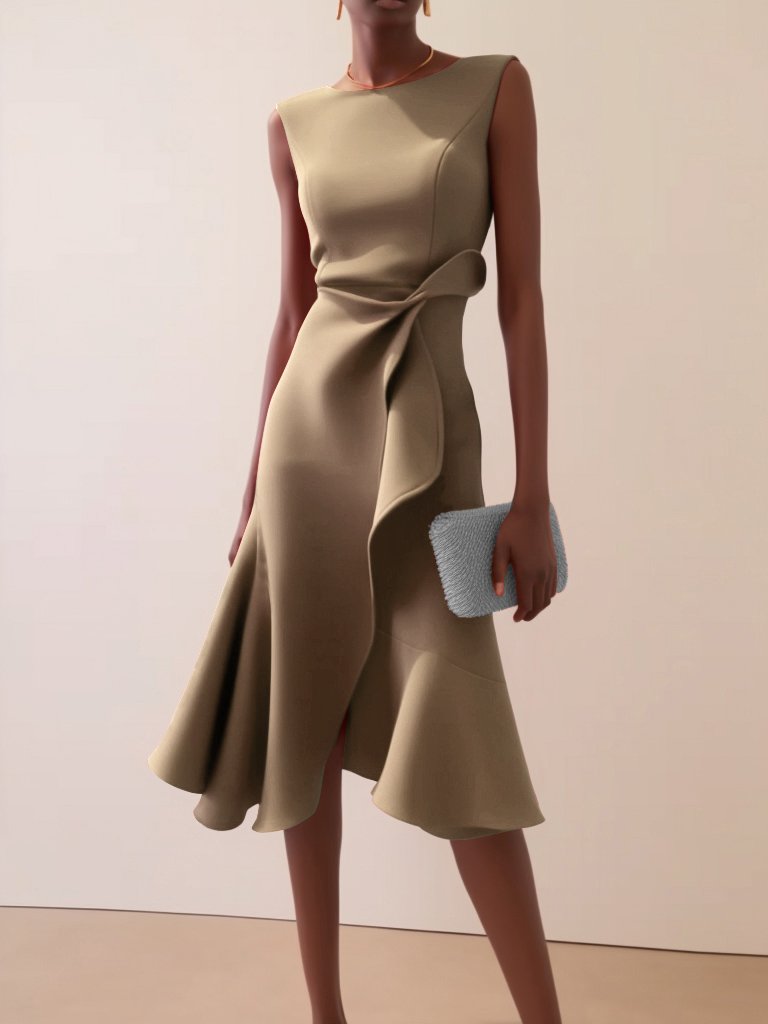 Khaki Waist Twist Ruffled Sleeveless A-Line Midi Dress