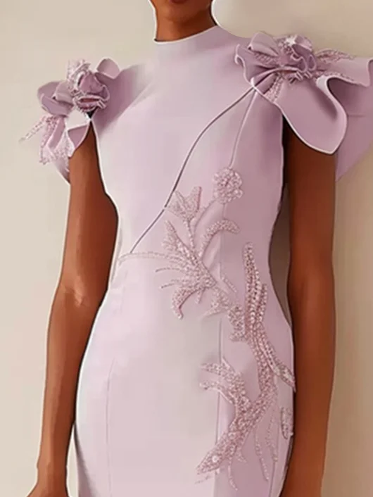 Purple High Neck Petal Sleeve Sequin Sheath Midi Dress