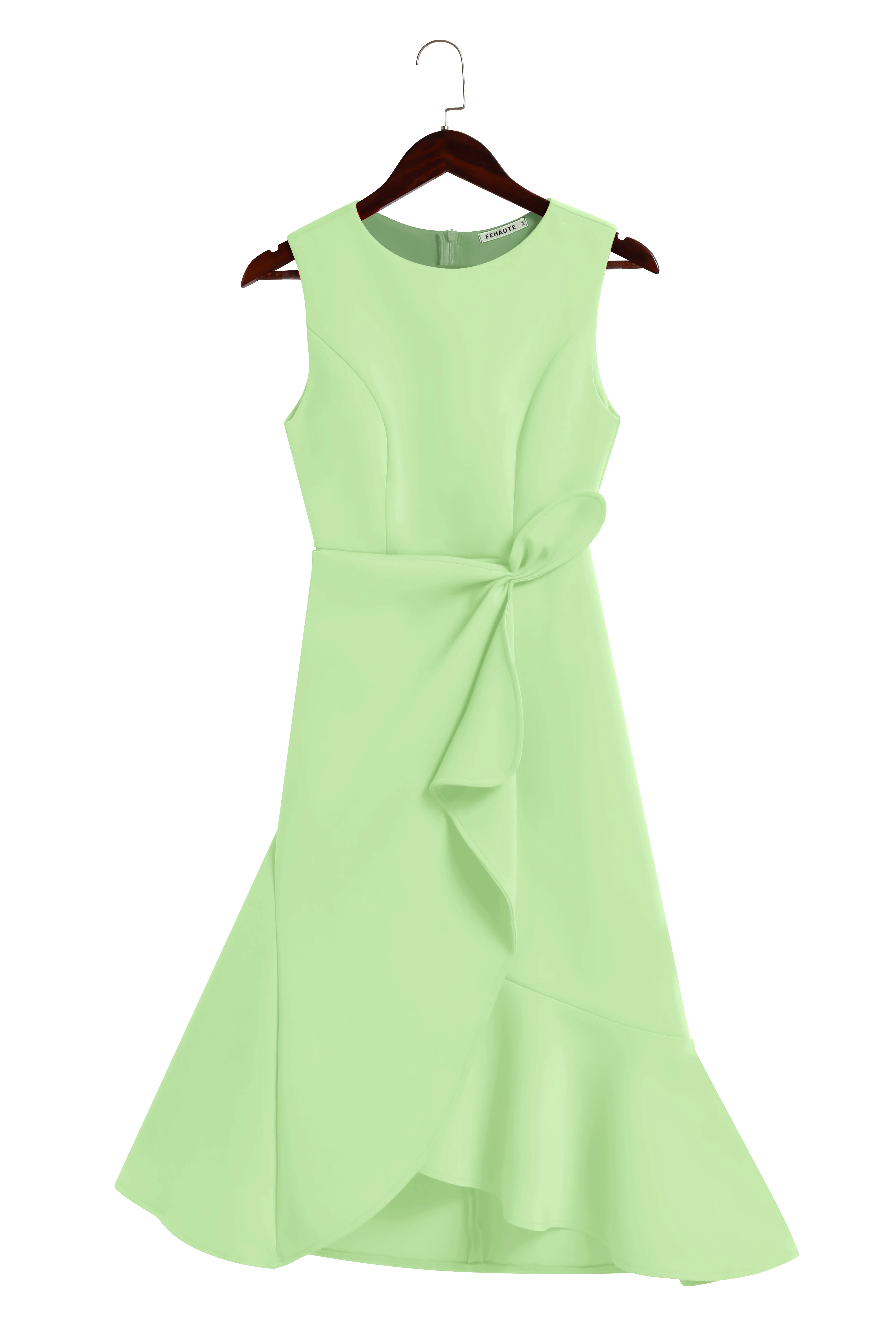 Light Green Waist Twist Ruffled Sleeveless A-Line Midi Dress