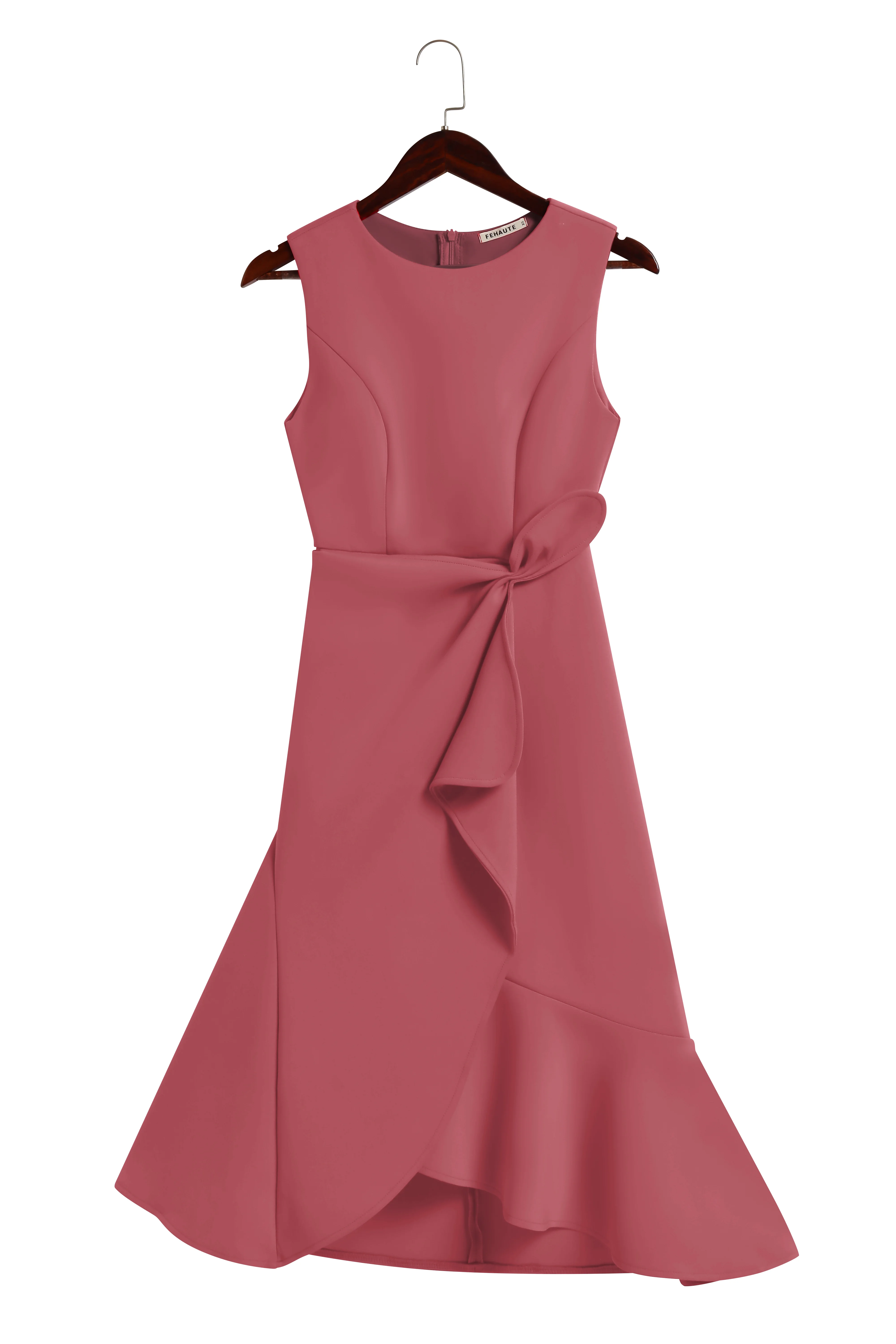 Pink Waist Twist Ruffled Sleeveless A-Line Midi Dress