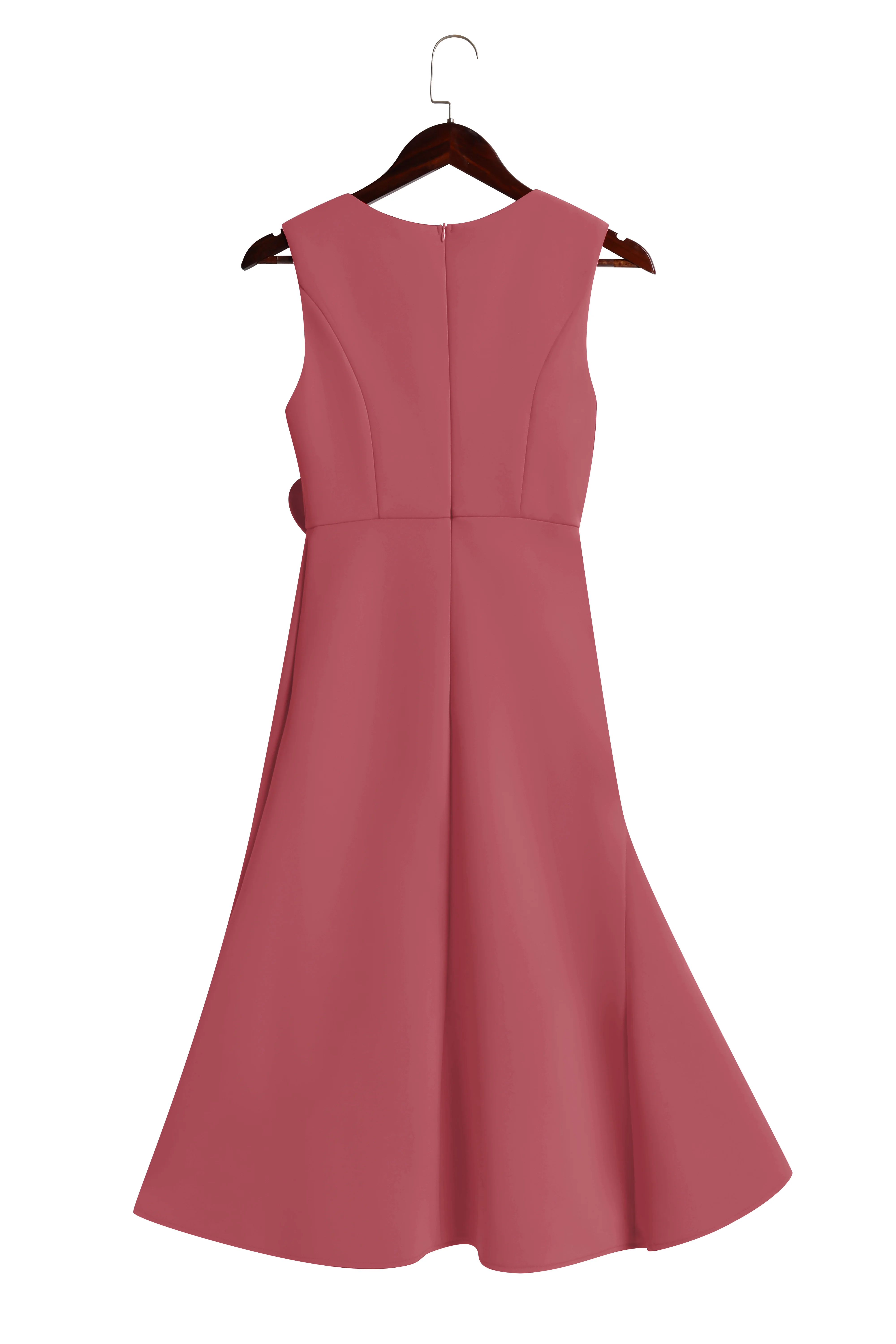 Pink Waist Twist Ruffled Sleeveless A-Line Midi Dress