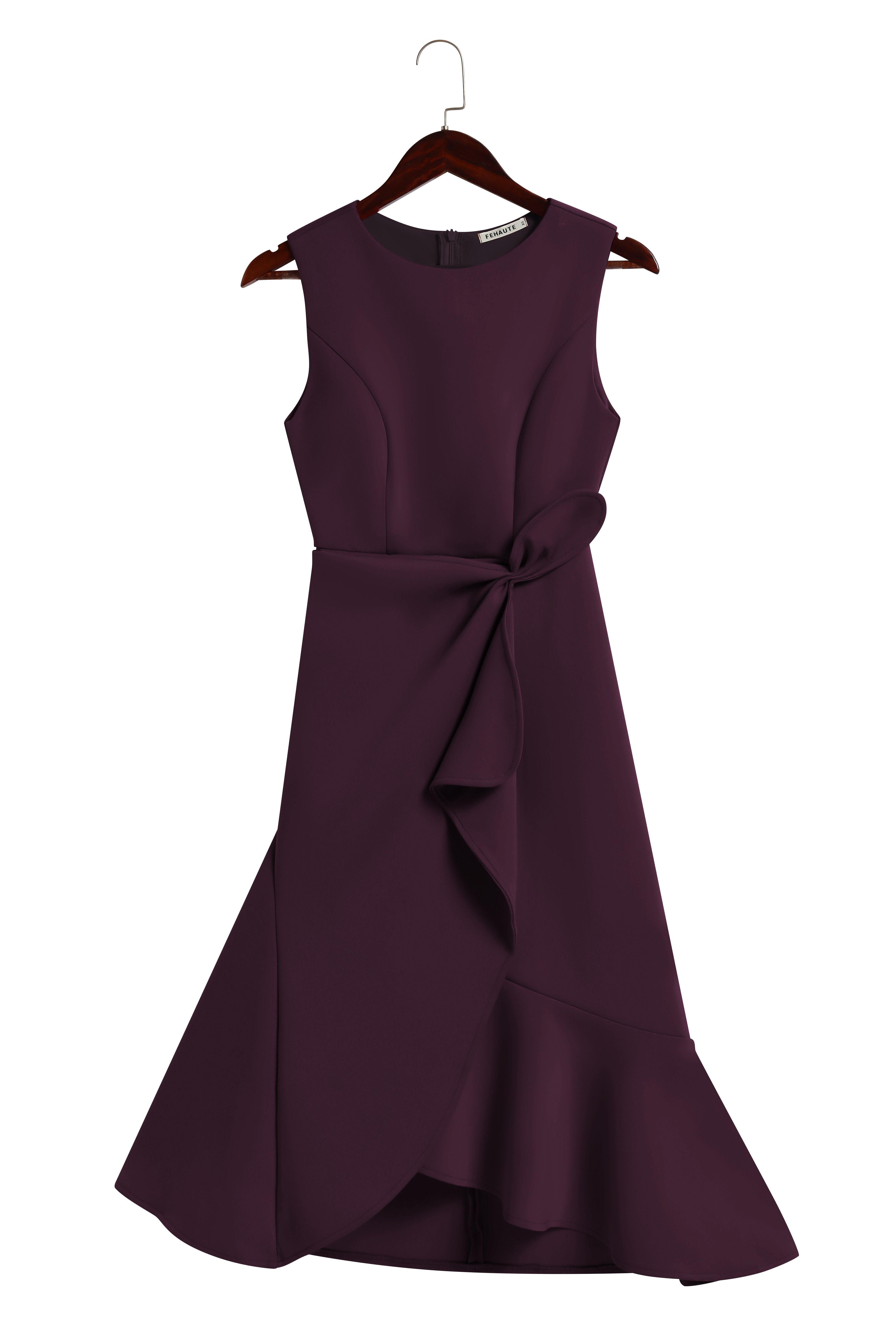Red Asymmetric Ruffled Classic Boat Neck Sleeveless Midi Elegant A-line Dress with Waist Twist for Day-to-Night