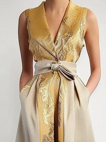 Yellow Metallic Collared Sleeveless Tie Waist A-Line Midi Dress with Pockets