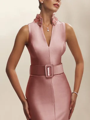 Pink V Neck Sleeveless Midi Flounce Dress