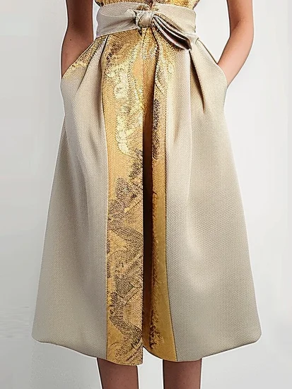 Golden Metallic Collared Sleeveless Tie Waist A-Line Midi Dress with Pockets