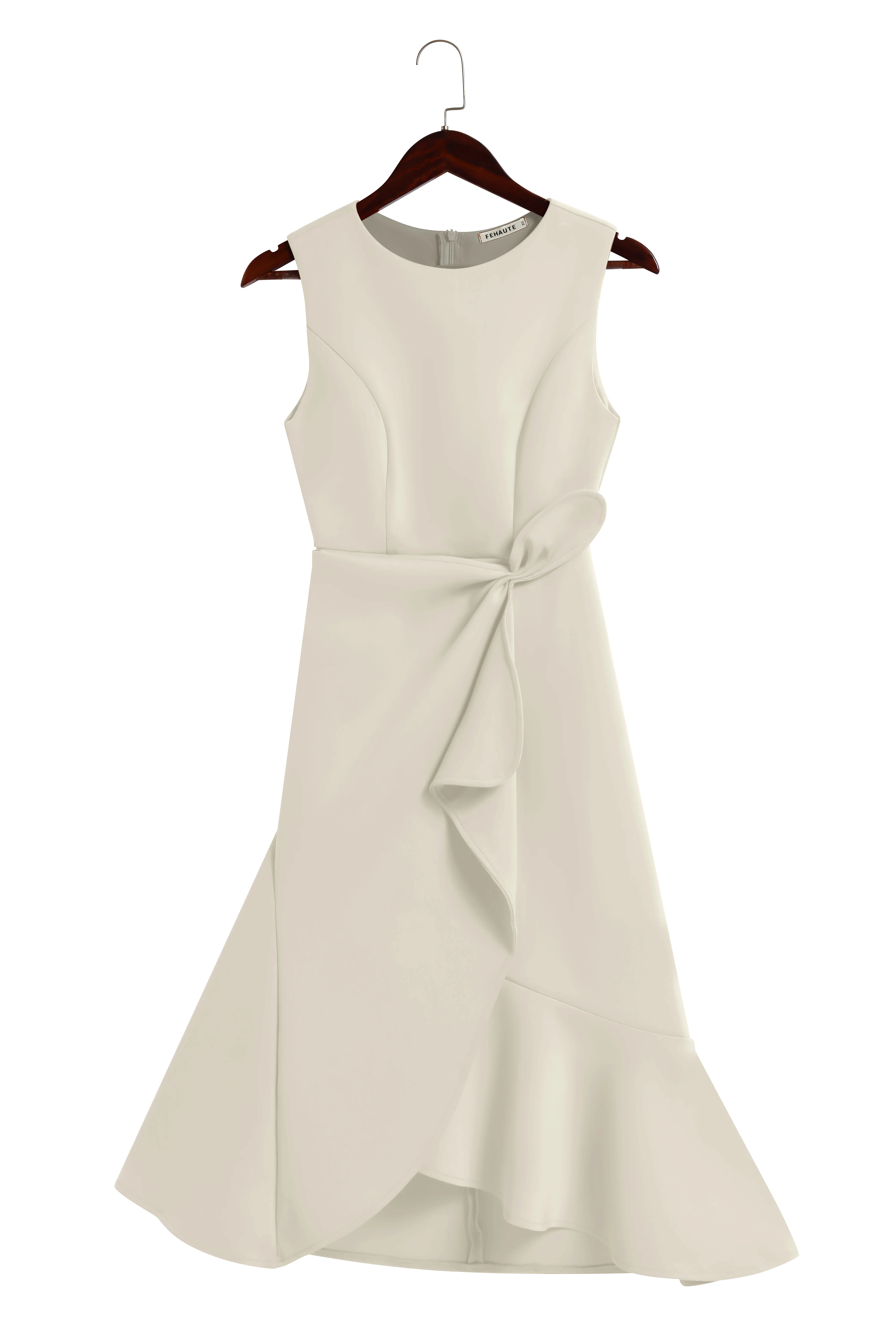 Apricot White Waist Twist Ruffled Sleeveless A-Line Midi Dress