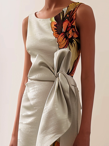 Khaki Floral Sleeveless Maxi Bow Dress