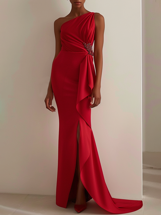 Red Beaded One Shoulder Sleeveless Slit Sheath Maxi Dress