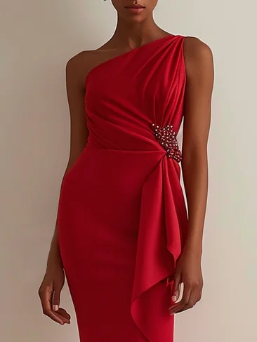 Red Beaded One Shoulder Sleeveless Slit Sheath Maxi Dress