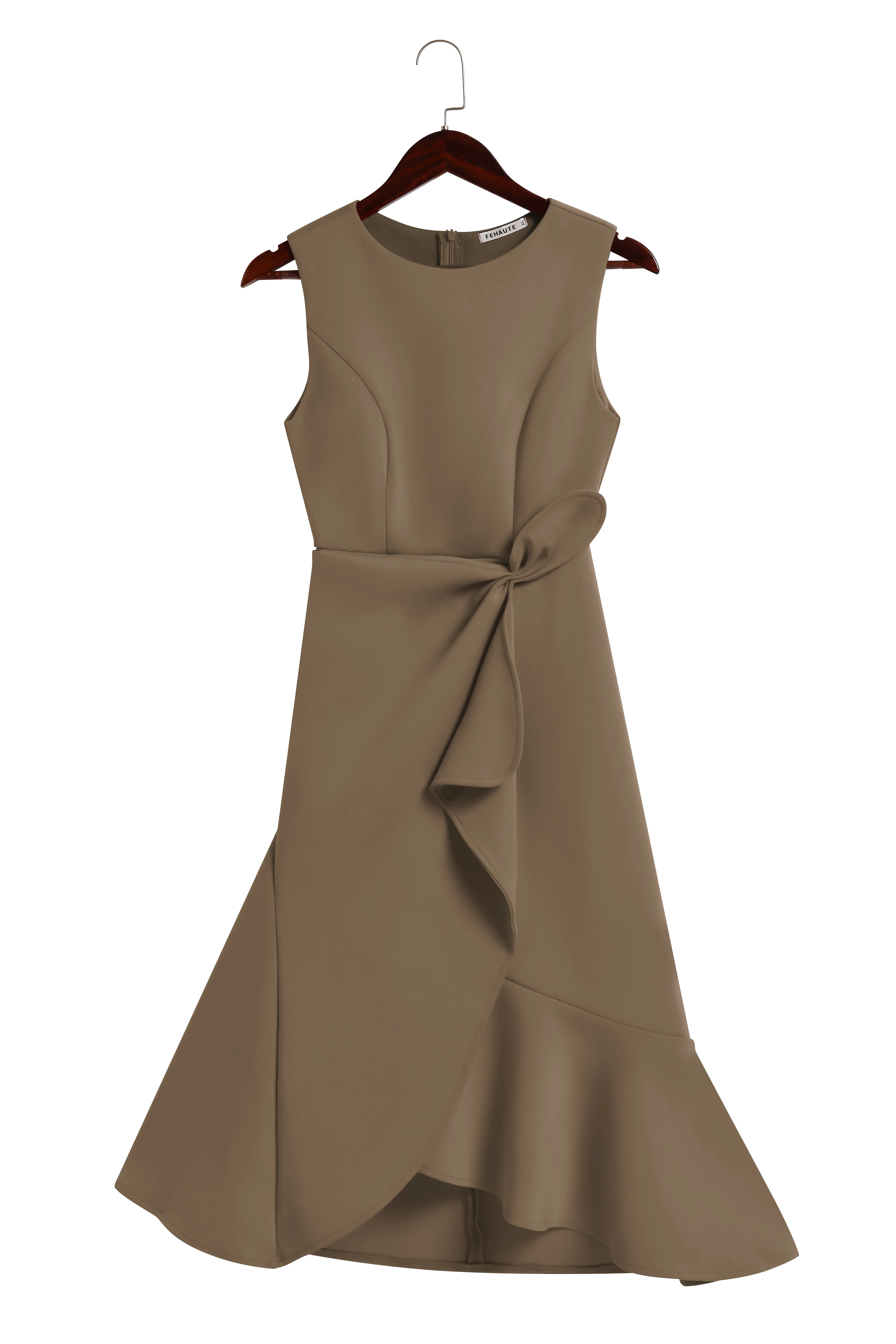 Khaki Waist Twist Ruffled Sleeveless A-Line Midi Dress