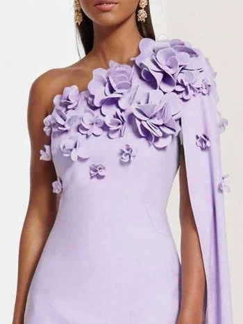 Purple 3D Floral One Shoulder Removable Sleeve Sheath Midi Dress