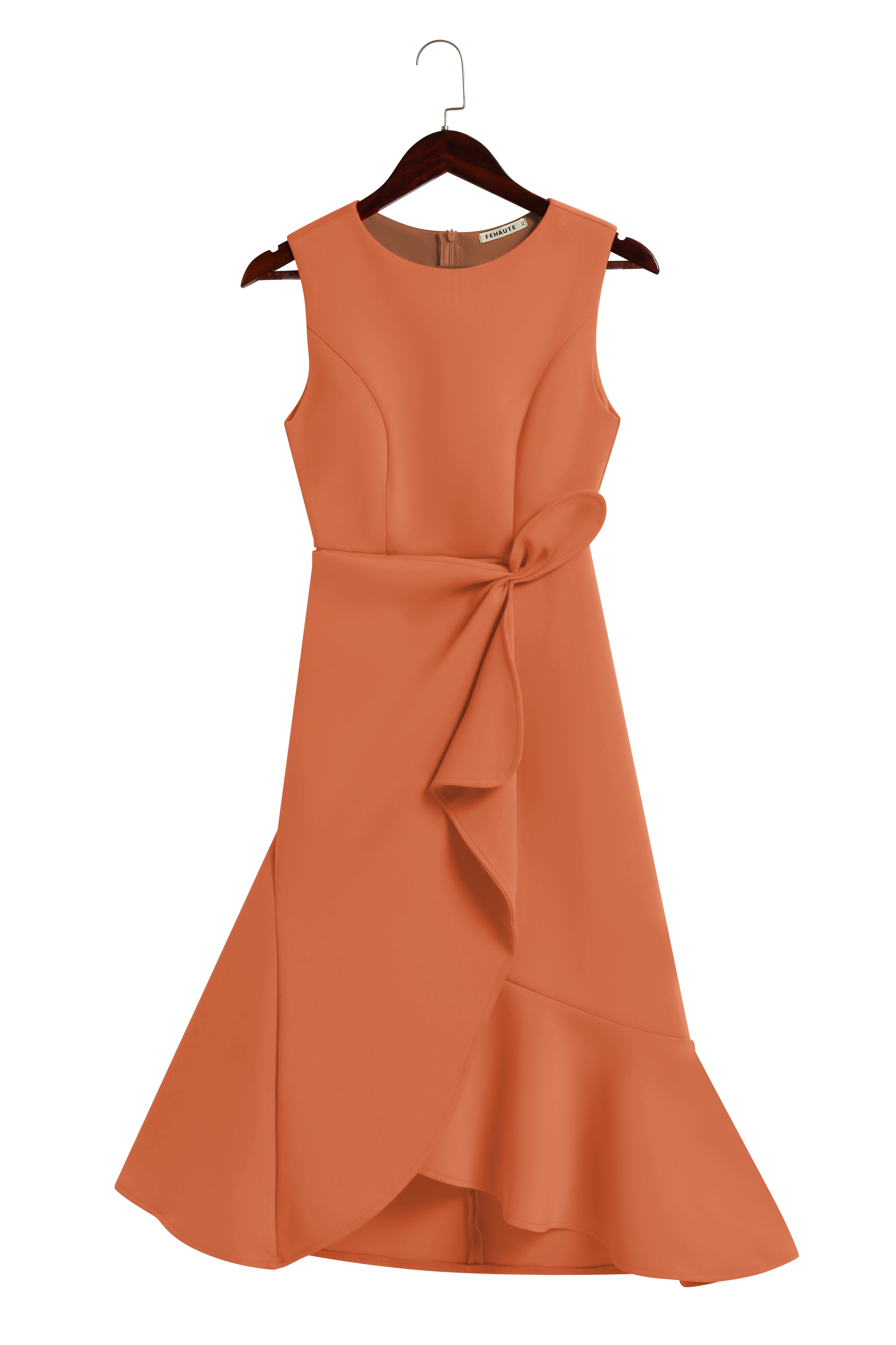 Orange Waist Twist Ruffled Sleeveless A-Line Midi Dress