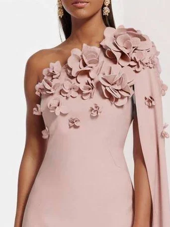 Pink 3D Floral One Shoulder Removable Sleeve Sheath Midi Dress