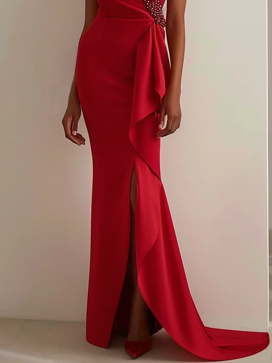 Red Beaded One Shoulder Sleeveless Slit Sheath Maxi Dress