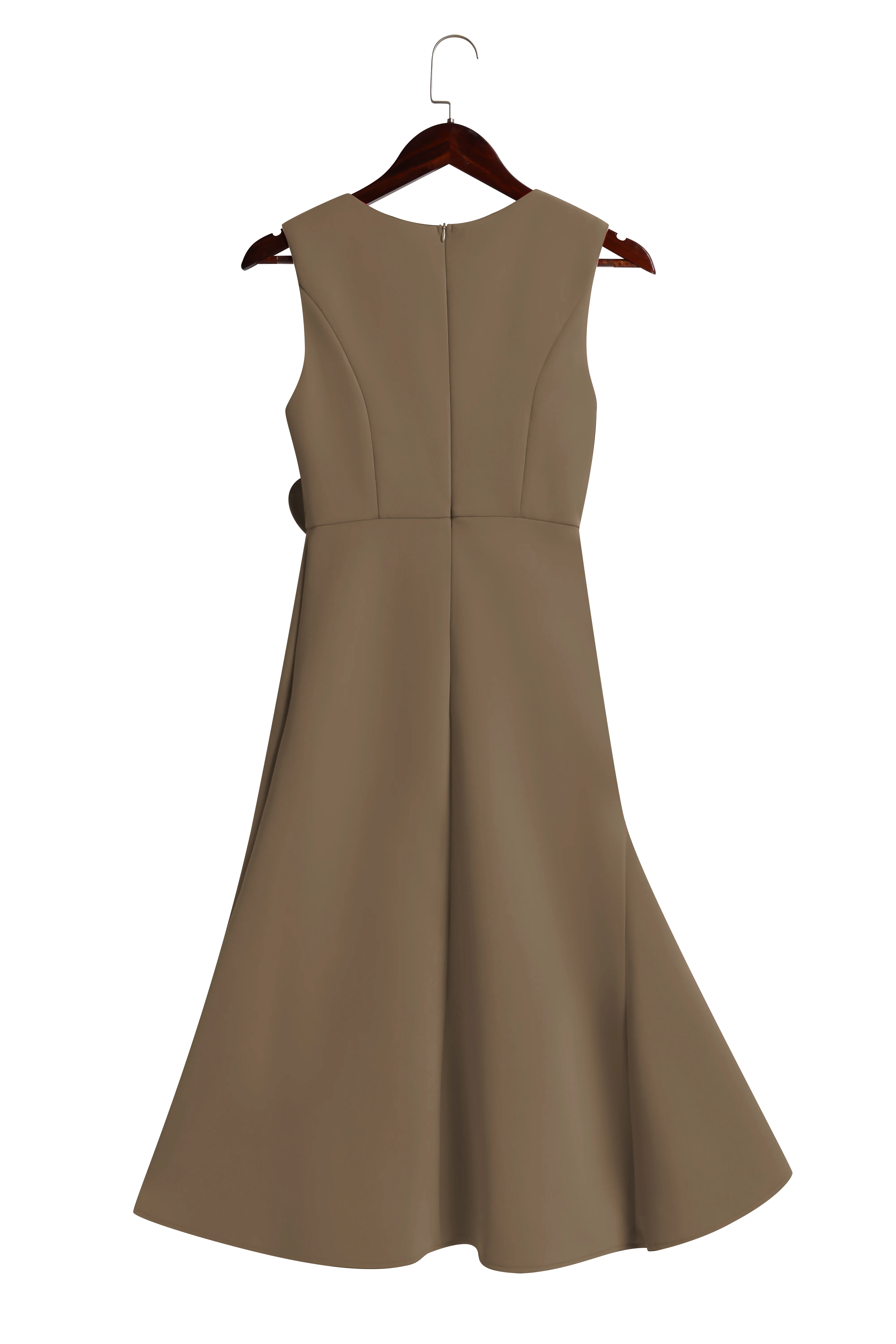 Khaki Waist Twist Ruffled Sleeveless A-Line Midi Dress